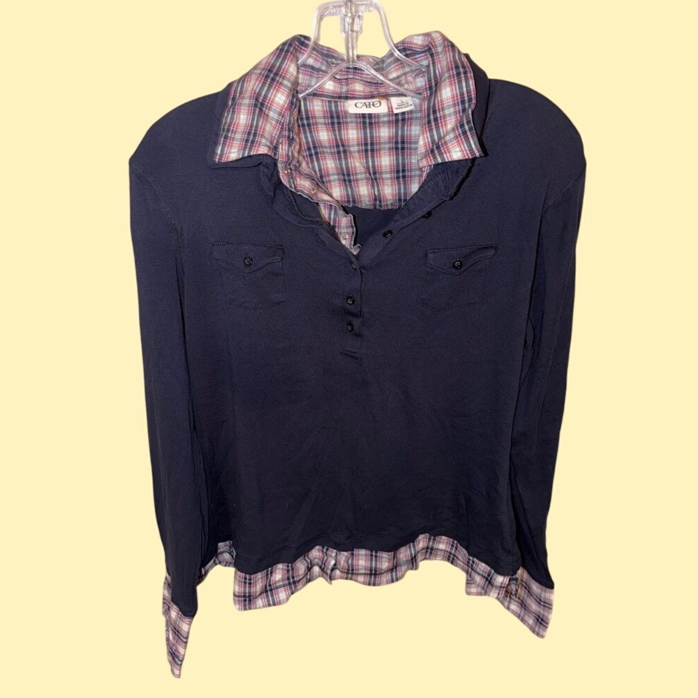 Cato Womens Large Navy Blue Plaid Layered Look Henley Top Long Sleeve